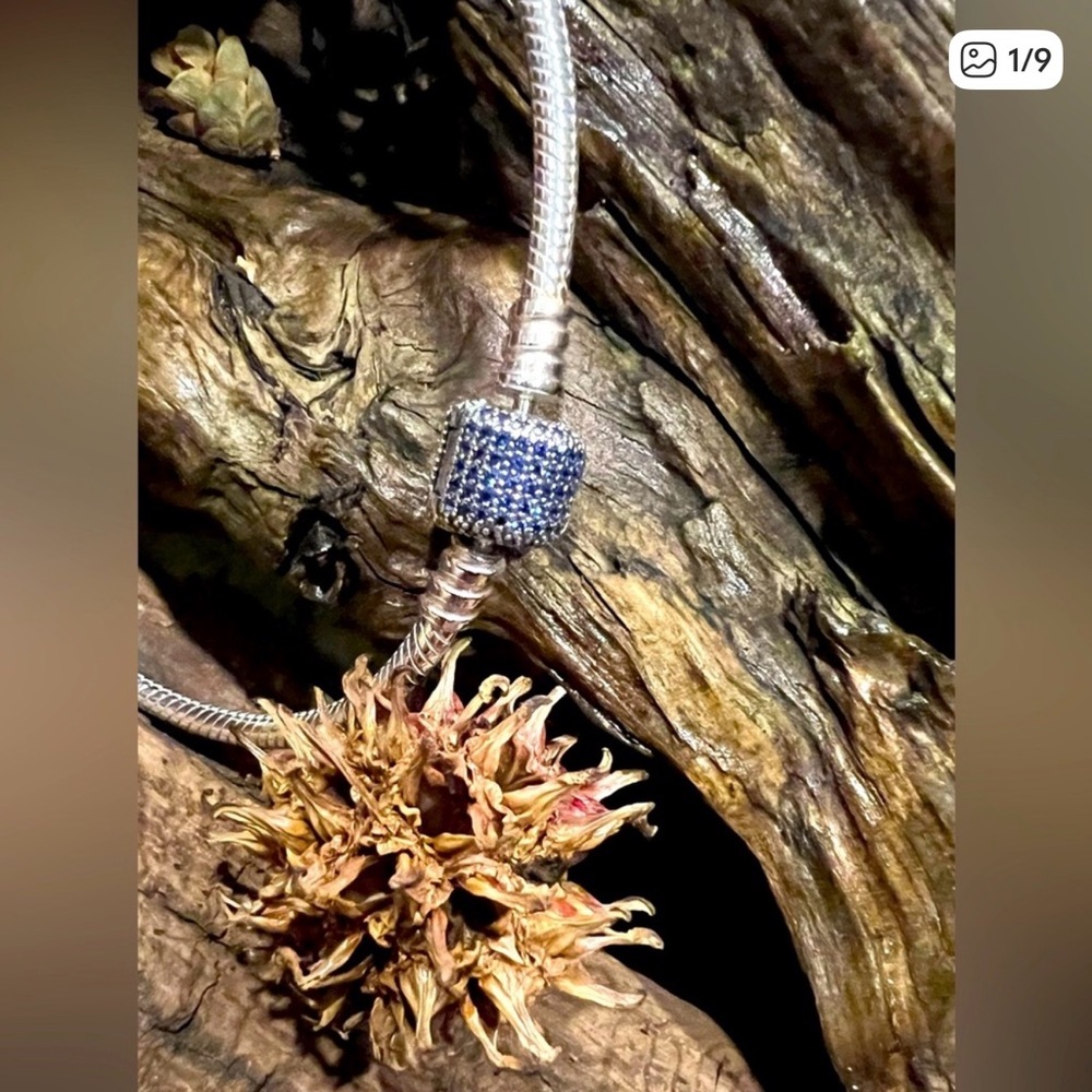 Authentic Pandora SS Bracelet-Pave Barrel Clasp Signature Royal Blue CZ, XXL, 9”